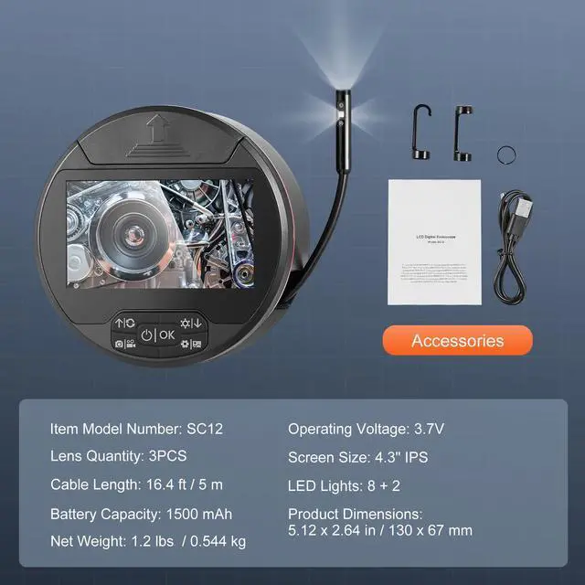 Alt view image 14 of 14 - VEVOR  Borescope Triple Lens Endoscope Camera with 4.3" IPS Screen 8 + 2 Lights