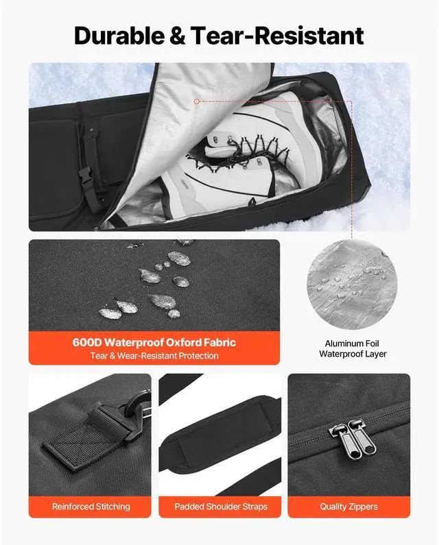 Alt view image 5 of 8 - VEVOR Ski Roller Bag, Up to 74.8 in/190 cm, Padded Snowboard Bag with Wheels for Air Travel, 600D Waterproof Oxford Fabric, with Adjustable Straps, for Skis Poles Goggles Gloves Helmet Boots (Black)