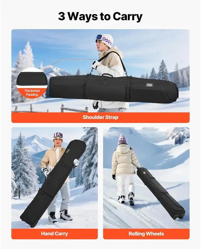 Alt view image 6 of 8 - VEVOR Ski Roller Bag, Up to 74.8 in/190 cm, Padded Snowboard Bag with Wheels for Air Travel, 600D Waterproof Oxford Fabric, with Adjustable Straps, for Skis Poles Goggles Gloves Helmet Boots (Black)