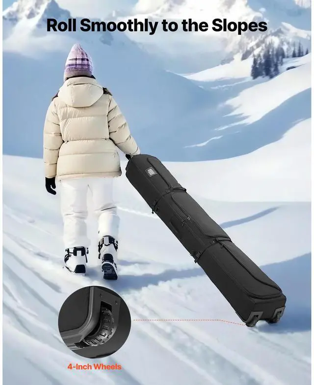 Alt view image 4 of 8 - VEVOR Ski Roller Bag, Up to 74.8 in/190 cm, Padded Snowboard Bag with Wheels for Air Travel, 600D Waterproof Oxford Fabric, with Adjustable Straps, for Skis Poles Goggles Gloves Helmet Boots (Black)