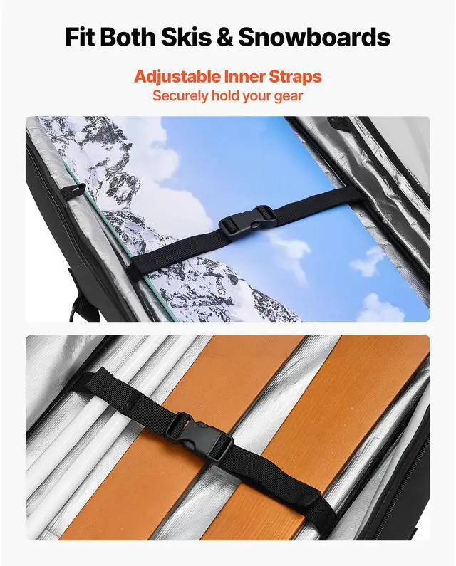 Alt view image 7 of 8 - VEVOR Ski Roller Bag, Up to 74.8 in/190 cm, Padded Snowboard Bag with Wheels for Air Travel, 600D Waterproof Oxford Fabric, with Adjustable Straps, for Skis Poles Goggles Gloves Helmet Boots (Black)