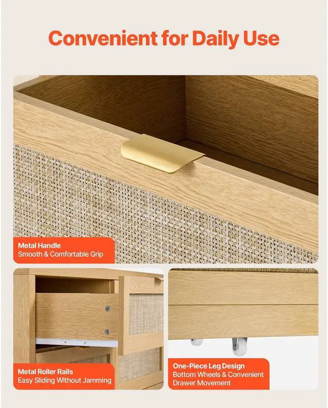 Alt view image 6 of 7 - 6 Drawer Rattan Dresser, Double Dresser for Bedroom, Natural Rattan Chest of Drawer with Metal Handle, Modern Wood Chest Clothing Organizer & Storage for Bedroom, Living Room, Hallway, Burlywood