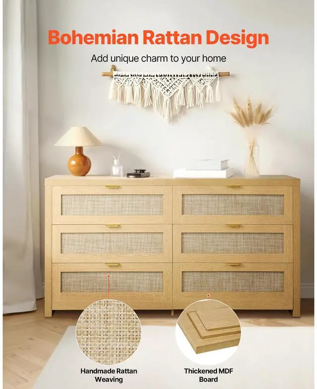 Alt view image 4 of 7 - 6 Drawer Rattan Dresser, Double Dresser for Bedroom, Natural Rattan Chest of Drawer with Metal Handle, Modern Wood Chest Clothing Organizer & Storage for Bedroom, Living Room, Hallway, Burlywood