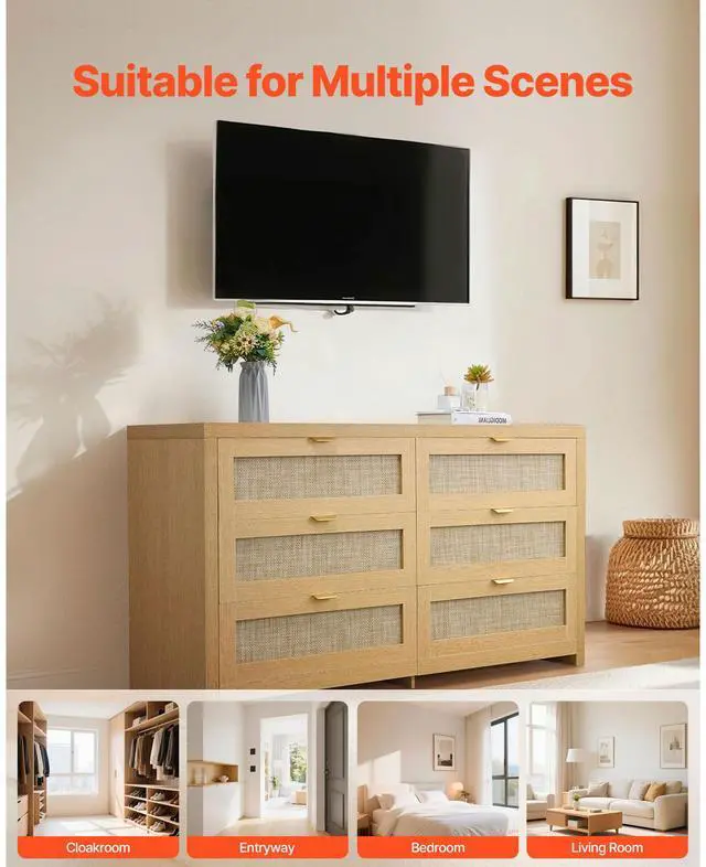 Alt view image 7 of 7 - 6 Drawer Rattan Dresser, Double Dresser for Bedroom, Natural Rattan Chest of Drawer with Metal Handle, Modern Wood Chest Clothing Organizer & Storage for Bedroom, Living Room, Hallway, Burlywood