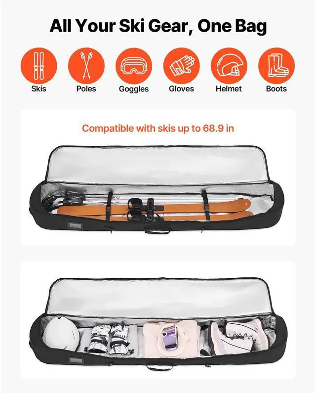 Alt view image 3 of 8 - VEVOR Snowboard Bag, Up to 65 in/165 cm, Padded Skis & Snowboards Bag for Air Travel, 600D Waterproof Oxford Fabric, with Adjustable Inner Straps, for Skis Poles Goggles Gloves Helmet Boots (Black)