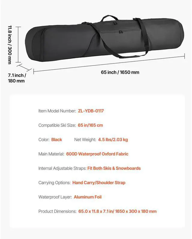 Alt view image 8 of 8 - VEVOR Snowboard Bag, Up to 65 in/165 cm, Padded Skis & Snowboards Bag for Air Travel, 600D Waterproof Oxford Fabric, with Adjustable Inner Straps, for Skis Poles Goggles Gloves Helmet Boots (Black)