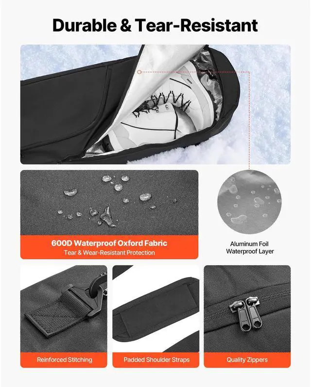 Alt view image 4 of 8 - VEVOR Snowboard Bag, Up to 65 in/165 cm, Padded Skis & Snowboards Bag for Air Travel, 600D Waterproof Oxford Fabric, with Adjustable Inner Straps, for Skis Poles Goggles Gloves Helmet Boots (Black)