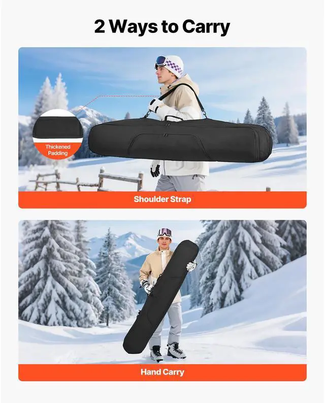 Alt view image 5 of 8 - VEVOR Snowboard Bag, Up to 65 in/165 cm, Padded Skis & Snowboards Bag for Air Travel, 600D Waterproof Oxford Fabric, with Adjustable Inner Straps, for Skis Poles Goggles Gloves Helmet Boots (Black)