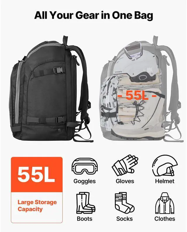 Alt view image 3 of 8 - VEVOR Ski Boot Bag, 55L, Snowboard Boots Travel Backpack for Men Women, with Waterproof Exterior & Bottom, Durable 1680D Oxford, Bag for Skis, Snowboard, Helmet, Goggles, Gloves, Accessories (Black)