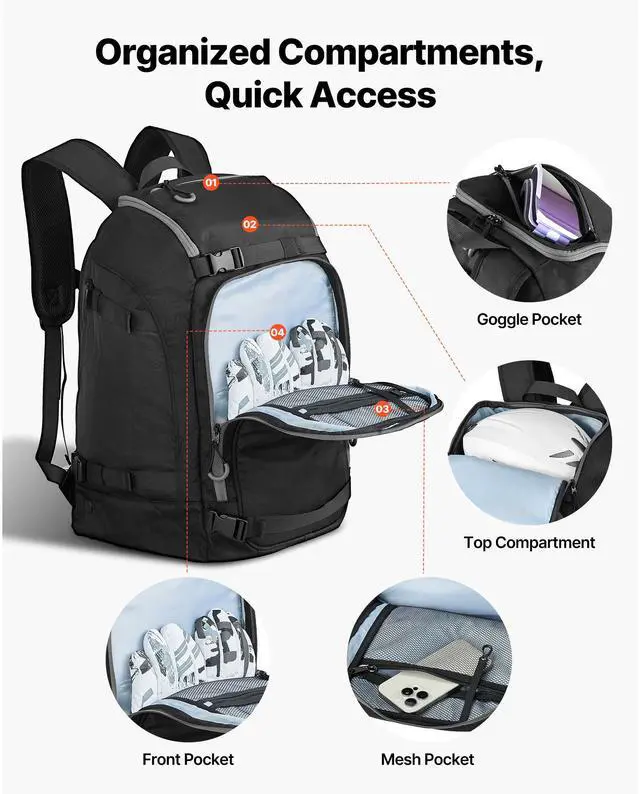 Alt view image 4 of 8 - VEVOR Ski Boot Bag, 55L, Snowboard Boots Travel Backpack for Men Women, with Waterproof Exterior & Bottom, Durable 1680D Oxford, Bag for Skis, Snowboard, Helmet, Goggles, Gloves, Accessories (Black)