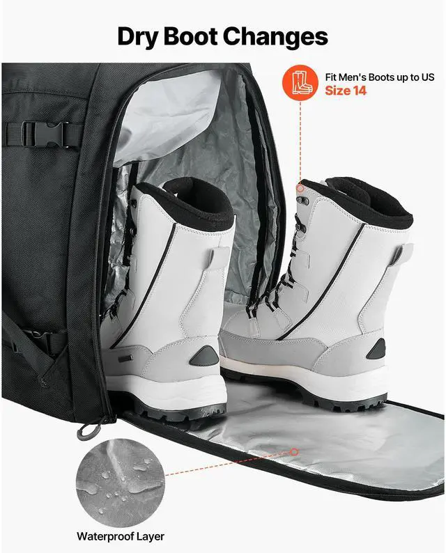 Alt view image 6 of 8 - VEVOR Ski Boot Bag, 55L, Snowboard Boots Travel Backpack for Men Women, with Waterproof Exterior & Bottom, Durable 1680D Oxford, Bag for Skis, Snowboard, Helmet, Goggles, Gloves, Accessories (Black)
