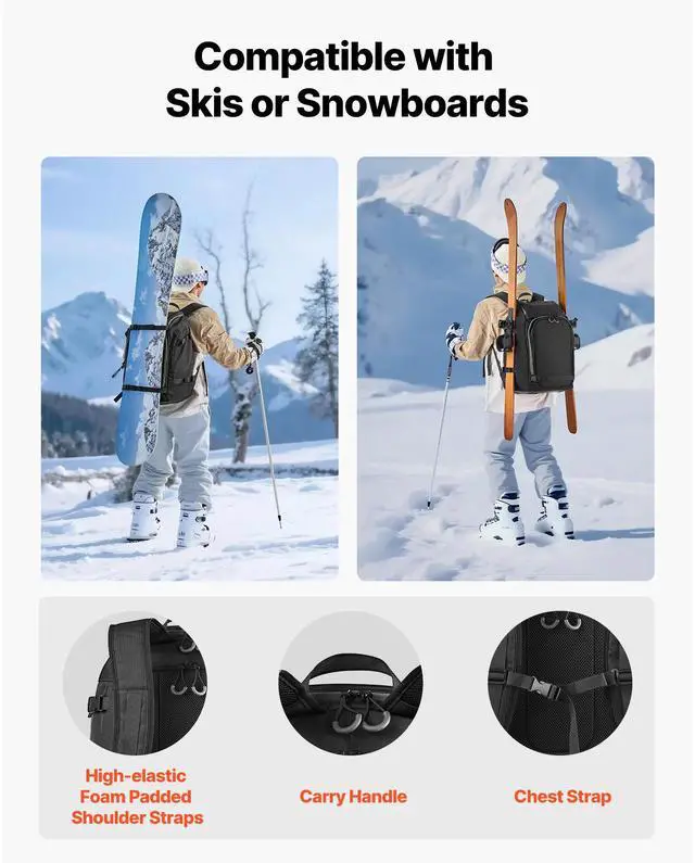 Alt view image 8 of 8 - VEVOR Ski Boot Bag, 55L, Snowboard Boots Travel Backpack for Men Women, with Waterproof Exterior & Bottom, Durable 1680D Oxford, Bag for Skis, Snowboard, Helmet, Goggles, Gloves, Accessories (Black)