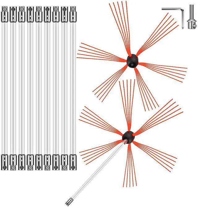 Main image of Chimney Sweep Kit 33FT Length, Chimney Brush Kit with 10 Nylon Flexible Rods and 2 Brush Head, Rotary Chimney Cleaning Kit Driven by Drill, Chimney Brush Rod Kit for Cleaning Fireplace