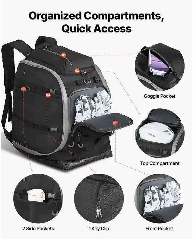 Alt view image 4 of 8 - VEVOR Ski Boot Bag, 70L, Snowboard Boots Travel Backpack for Men Women, with Waterproof Exterior & Bottom, Durable 1680D Oxford, Bag for Skis, Snowboard, Helmet, Goggles, Gloves, Accessories (Black)