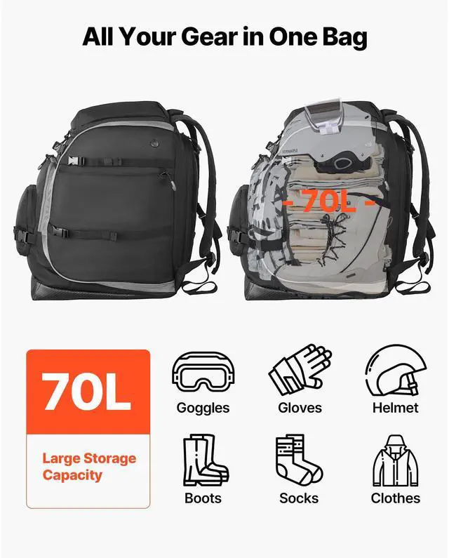 Alt view image 3 of 8 - VEVOR Ski Boot Bag, 70L, Snowboard Boots Travel Backpack for Men Women, with Waterproof Exterior & Bottom, Durable 1680D Oxford, Bag for Skis, Snowboard, Helmet, Goggles, Gloves, Accessories (Black)