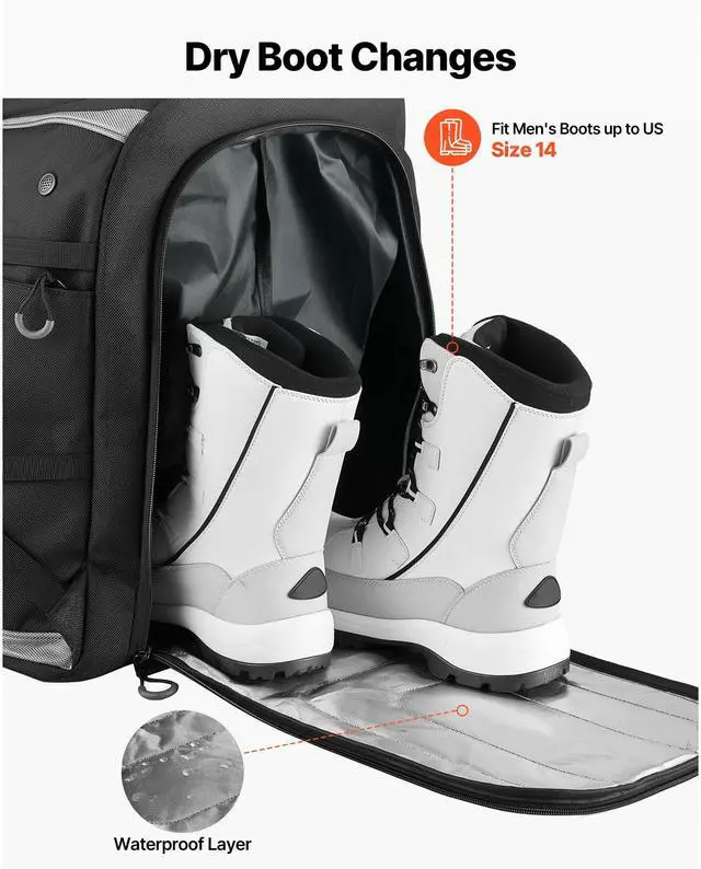 Alt view image 6 of 8 - VEVOR Ski Boot Bag, 70L, Snowboard Boots Travel Backpack for Men Women, with Waterproof Exterior & Bottom, Durable 1680D Oxford, Bag for Skis, Snowboard, Helmet, Goggles, Gloves, Accessories (Black)
