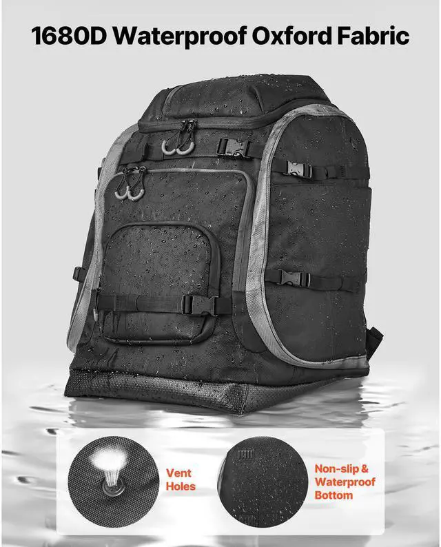 Alt view image 7 of 8 - VEVOR Ski Boot Bag, 70L, Snowboard Boots Travel Backpack for Men Women, with Waterproof Exterior & Bottom, Durable 1680D Oxford, Bag for Skis, Snowboard, Helmet, Goggles, Gloves, Accessories (Black)