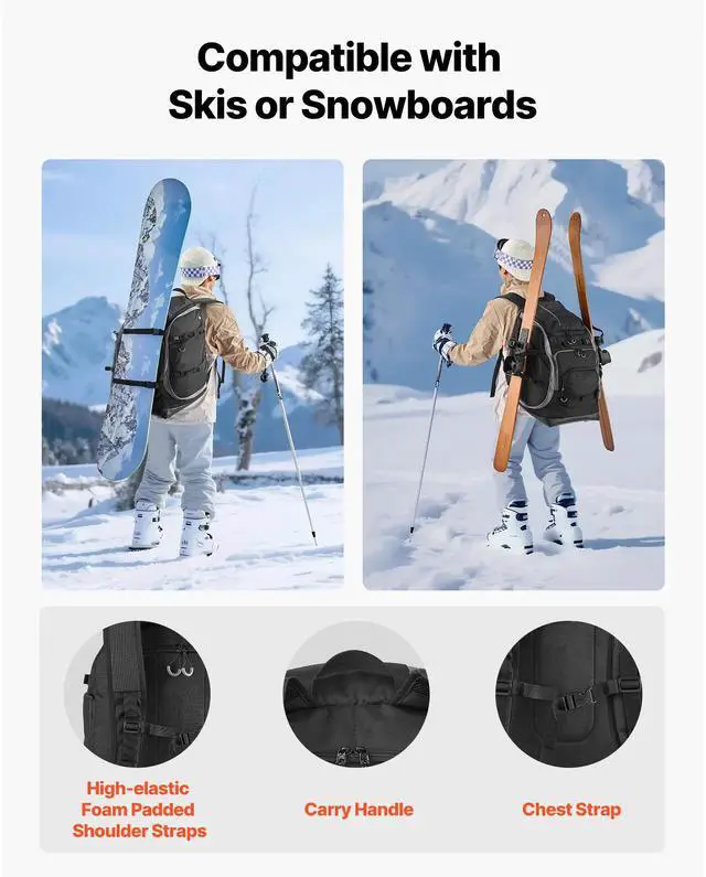 Alt view image 8 of 8 - VEVOR Ski Boot Bag, 70L, Snowboard Boots Travel Backpack for Men Women, with Waterproof Exterior & Bottom, Durable 1680D Oxford, Bag for Skis, Snowboard, Helmet, Goggles, Gloves, Accessories (Black)