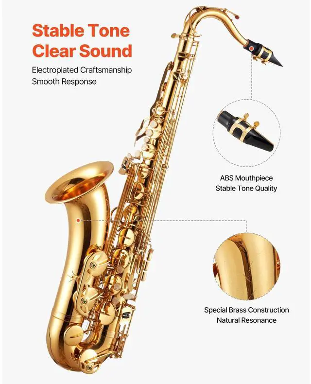 Alt view image 4 of 8 - VEVOR Tenor Saxophone, B Flat, Professional Brass Saxophone Beginner Kit with Carrying Case, Mouthpiece, Straps, Cleaning Cloth, Gloves, Neck Strap, 23 Keys Tenor Sax Kit, for Beginners Students, Gold