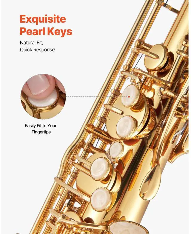 Alt view image 5 of 8 - VEVOR Tenor Saxophone, B Flat, Professional Brass Saxophone Beginner Kit with Carrying Case, Mouthpiece, Straps, Cleaning Cloth, Gloves, Neck Strap, 23 Keys Tenor Sax Kit, for Beginners Students, Gold