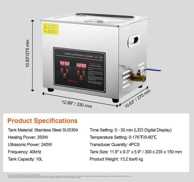 Alt view image 14 of 14 - VEVOR Ultrasonic Cleaner with Digital Timer & Heater, Professional Ultra Sonic Jewelry Cleaner, Stainless Steel Heated Cleaning Machine for Glasses Watch Rings Small Parts Circuit Board (10L)