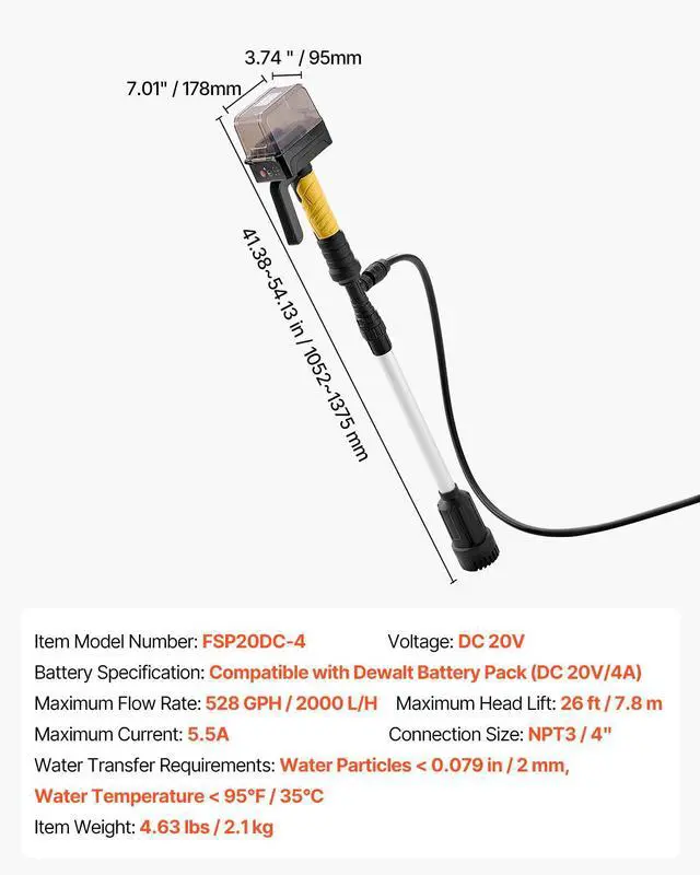 Alt view image 8 of 8 - Cordless Stick Water Transfer Pump for Dewalt 20V MAX Battery (Not Included)