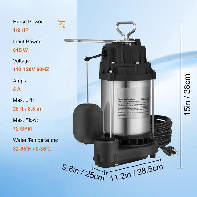 Alt view image 15 of 15 - VEVOR Submersible Sump Pump Water Pump 1/2 HP 4320GPH Cast Iron Steel Basement