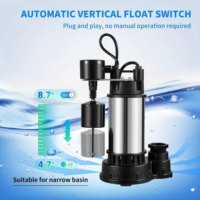 Alt view image 13 of 15 - VEVOR 1.5 HP Submersible Cast Iron and Steel Sump Pump, 6000 GPH Submersible Water Pump with Integrated Vertical Float Switch, for Basement Water Basin and Flooding Area