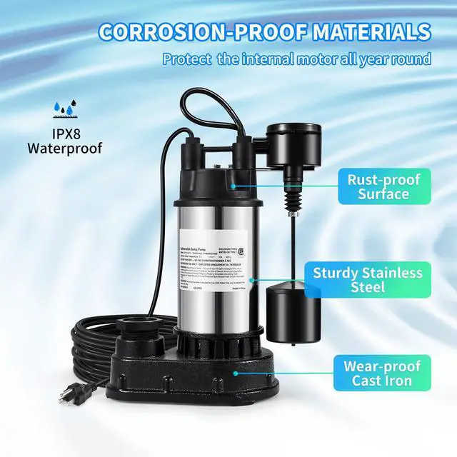 Alt view image 12 of 15 - VEVOR 1.5 HP Submersible Cast Iron and Steel Sump Pump, 6000 GPH Submersible Water Pump with Integrated Vertical Float Switch, for Basement Water Basin and Flooding Area