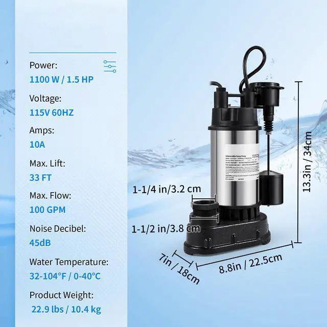 Alt view image 15 of 15 - VEVOR 1.5 HP Submersible Cast Iron and Steel Sump Pump, 6000 GPH Submersible Water Pump with Integrated Vertical Float Switch, for Basement Water Basin and Flooding Area