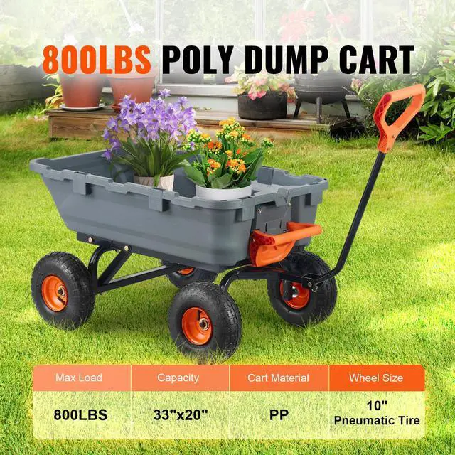 Alt view image 3 of 8 - VEVOR Dump Cart, Poly Garden Dump Cart with Easy to Assemble Steel Frame, Dump Wagon with 2-in-1 Convertible Handle, Utility Wheelbarrow 800 lbs Capacity, 10 inch Tires