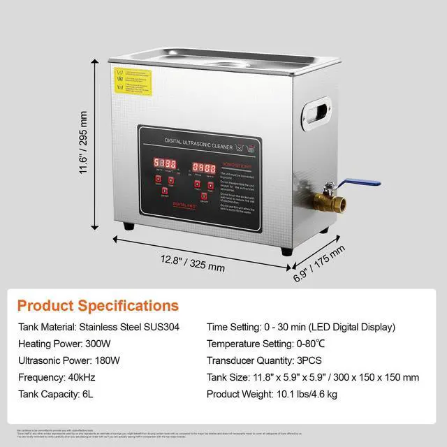 Alt view image 14 of 14 - VEVOR Ultrasonic Cleaner with Digital Timer & Heater, Professional Ultra Sonic Jewelry Cleaner, Stainless Steel Heated Cleaning Machine for Glasses Watch Rings Small Parts Circuit Board (6L)