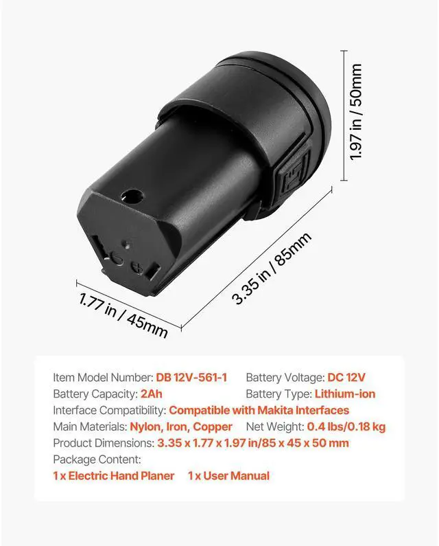 Alt view image 8 of 8 - VEVOR Lithium-Ion Battery, 12V 2Ah, Portable Lithium Battery Pack Replacement, with Universal Adapter, Easy to Carry, Compatible with Makita Interfaces, VEVOR Cordless Electric Hand Planer, 1-Pack