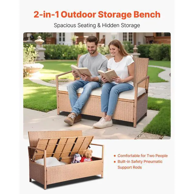 Alt view image 9 of 14 - Outdoor Storage Bench PE Rattan 70Gal Deck Box Waterproof Outdoor Seat & Storage
