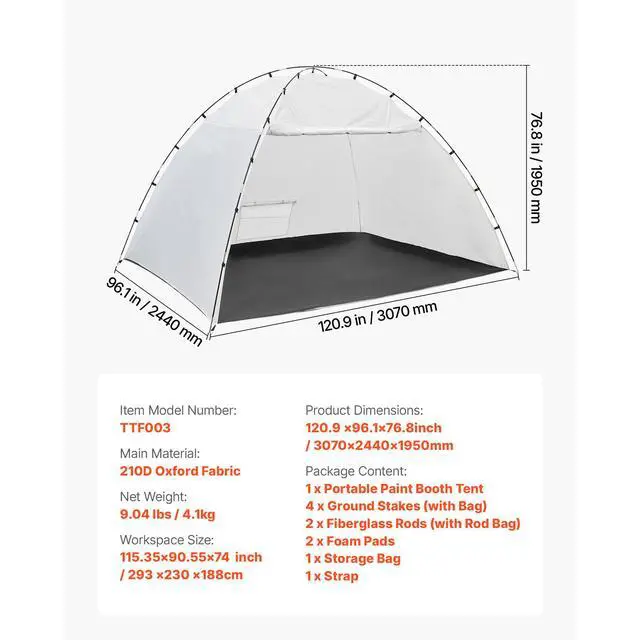 Alt view image 8 of 8 - VEVOR Portable Paint Booth Tent, 115.35 x 90.55 x 74 inch Painting Tent Station, Spray Shelter with Built-in Floor & Mesh Screen, Large Space, Oxford Spray Painting Tents for Cupboard, Chairs, Tables