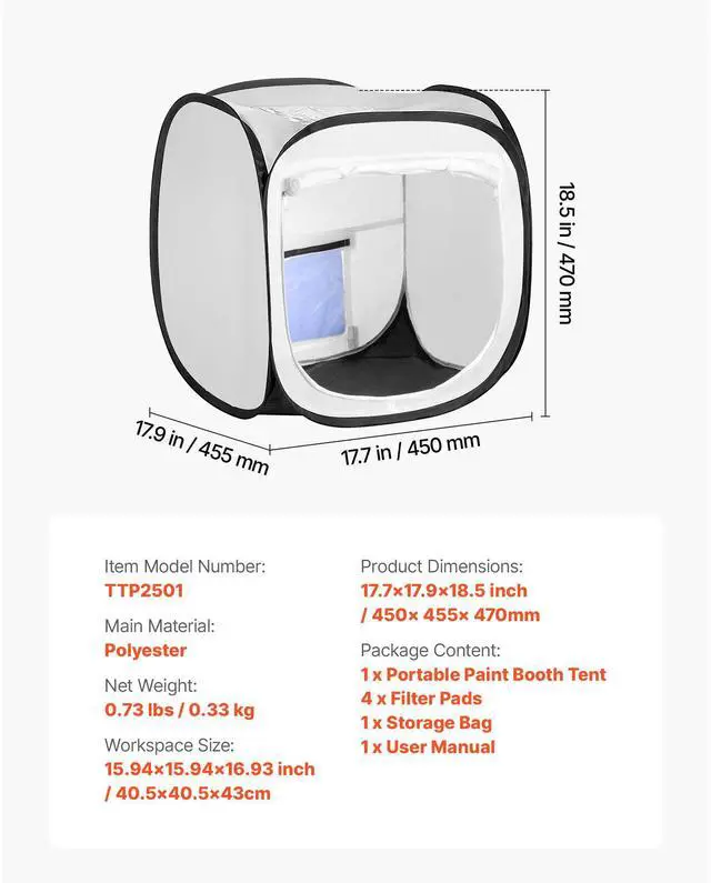 Alt view image 8 of 8 - VEVOR Portable Paint Booth Tent, 15.94 x 15.94 x 16.9 inch Pop-Up Portable Spray Paint Tent with Mesh Door, Spray Painting Tents for Small Models, Sculptures, Vases, Photo Frames, Pop-Up Design