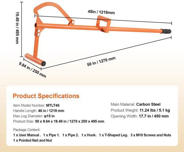 Alt view image 7 of 7 - Timberjack, 46.5 in, 4 in 1 Heavy Duty Steel Log Lifter, Multifunctional Log Roller Adjustable Cant Hook, Logging Tools Log Jack, Forestry Multitool for Rolling Cutting Lifting Logs