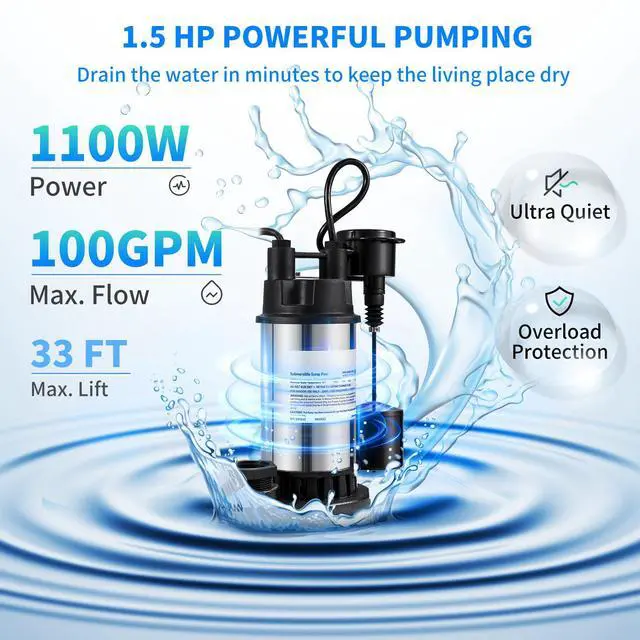 Alt view image 11 of 15 - VEVOR 1.5 HP Submersible Cast Iron and Steel Sump Pump, 6000 GPH Submersible Water Pump with Integrated Vertical Float Switch, for Basement Water Basin and Flooding Area