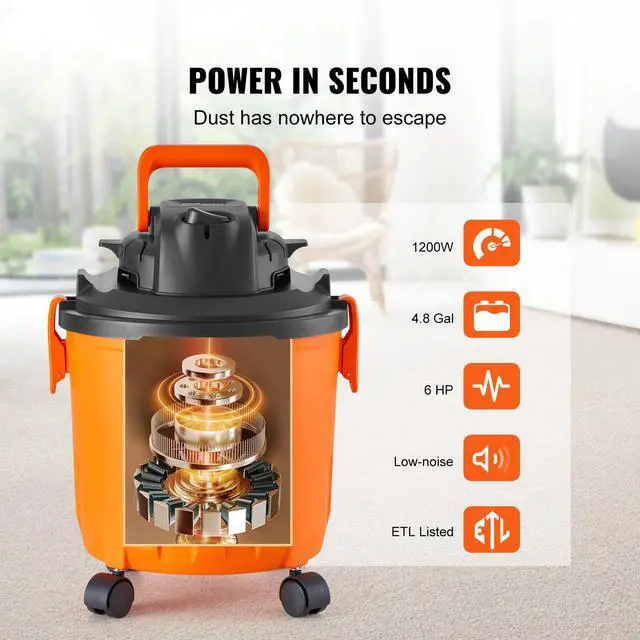Alt view image 9 of 14 - VEVOR Shop Vacuum Wet And Dry, 5 Gallon 6 Peak HP Wet/Dry Vac, Powerful Suction with Blower Function with Attachments 2-in-1 Crevice Nozzle, Small Shop Vac Perfect for Carpet Debris, Pet Hair, Car