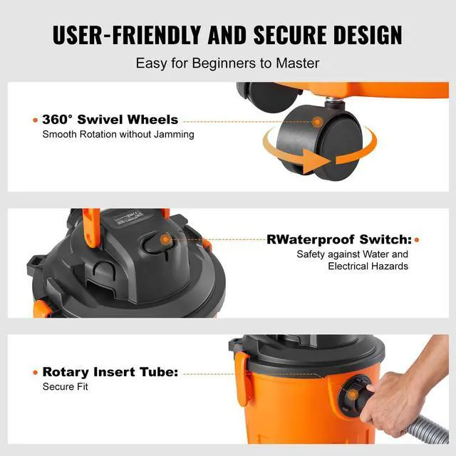 Alt view image 12 of 14 - VEVOR Shop Vacuum Wet And Dry, 5 Gallon 6 Peak HP Wet/Dry Vac, Powerful Suction with Blower Function with Attachments 2-in-1 Crevice Nozzle, Small Shop Vac Perfect for Carpet Debris, Pet Hair, Car