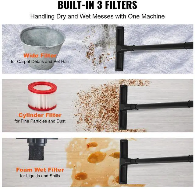 Alt view image 10 of 14 - VEVOR Shop Vacuum Wet And Dry, 5 Gallon 6 Peak HP Wet/Dry Vac, Powerful Suction with Blower Function with Attachments 2-in-1 Crevice Nozzle, Small Shop Vac Perfect for Carpet Debris, Pet Hair, Car