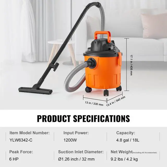 Alt view image 14 of 14 - VEVOR Shop Vacuum Wet And Dry, 5 Gallon 6 Peak HP Wet/Dry Vac, Powerful Suction with Blower Function with Attachments 2-in-1 Crevice Nozzle, Small Shop Vac Perfect for Carpet Debris, Pet Hair, Car