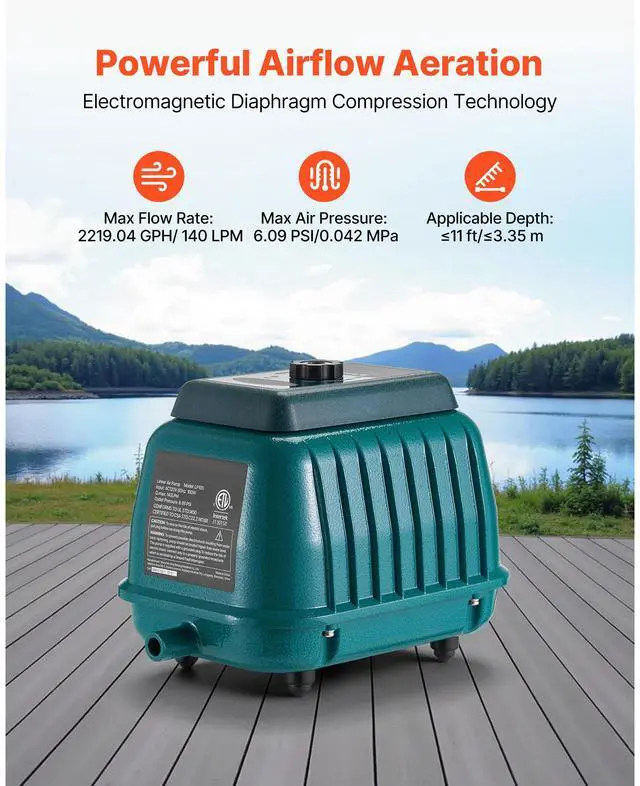 Alt view image 3 of 8 - VEVOR Linear Air Pump Septic Aerator Pump 2219.04GPH Aeration for 11ft Deep Pond