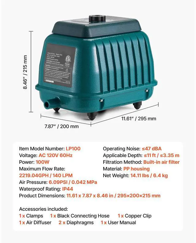 Alt view image 8 of 8 - VEVOR Linear Air Pump Septic Aerator Pump 2219.04GPH Aeration for 11ft Deep Pond