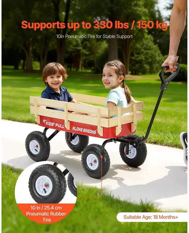 Alt view image 2 of 7 - Pull-Along Wagon for Kids, 39 inch Toddler Wagons with Wooden Panels & Handle, Supports up to 330 lbs, All-Terrain Utility Wagon Cart Birthday Present for Kids Gardening Beach, Red