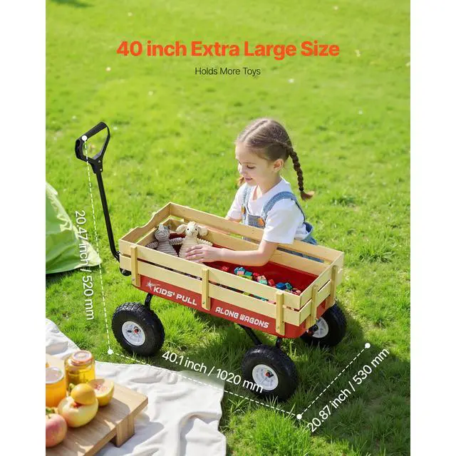 Alt view image 4 of 7 - Pull-Along Wagon for Kids, 39 inch Toddler Wagons with Wooden Panels & Handle, Supports up to 330 lbs, All-Terrain Utility Wagon Cart Birthday Present for Kids Gardening Beach, Red