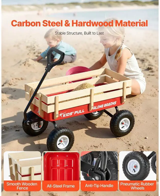 Alt view image 3 of 7 - Pull-Along Wagon for Kids, 39 inch Toddler Wagons with Wooden Panels & Handle, Supports up to 330 lbs, All-Terrain Utility Wagon Cart Birthday Present for Kids Gardening Beach, Red