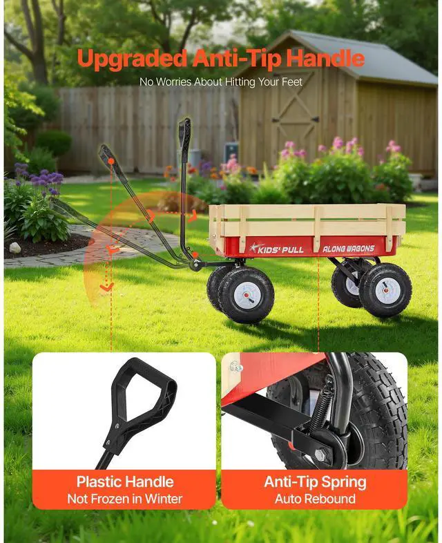 Alt view image 5 of 7 - Pull-Along Wagon for Kids, 39 inch Toddler Wagons with Wooden Panels & Handle, Supports up to 330 lbs, All-Terrain Utility Wagon Cart Birthday Present for Kids Gardening Beach, Red