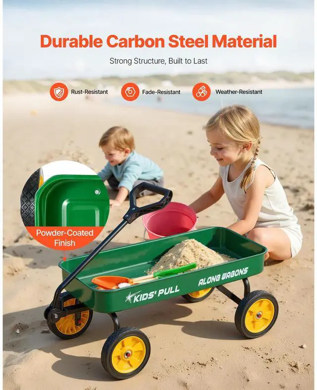 Alt view image 3 of 7 - Pull-Along Wagon for Kids, 39 inch Toddler Wagons, Supports up to 176 lbs, All-Terrain Wagons with Handle, Utility Wagon Cart Birthday Present for Kids Gardening Beach Camping, Green