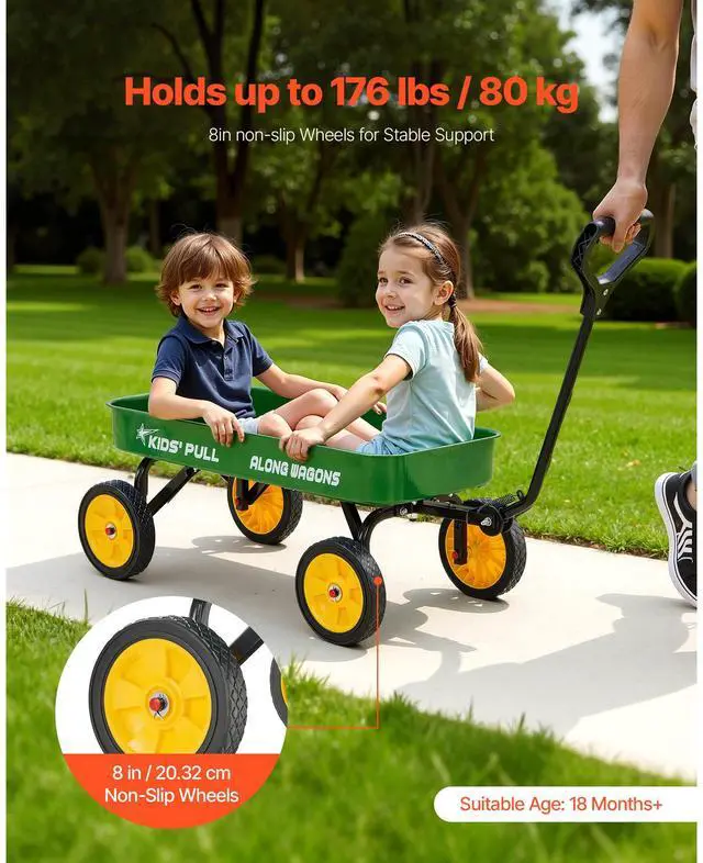 Alt view image 2 of 7 - Pull-Along Wagon for Kids, 39 inch Toddler Wagons, Supports up to 176 lbs, All-Terrain Wagons with Handle, Utility Wagon Cart Birthday Present for Kids Gardening Beach Camping, Green